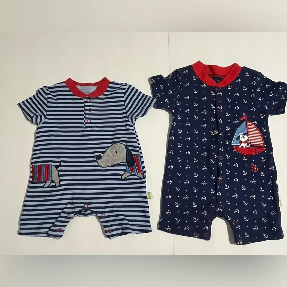 Duck Duck Goose Nautical Baby Romper Set 3-6M Sailboat & Dog Cotton